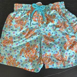 Vilebrequin Light Aqua Swim Trunks with Orange Turtle Print